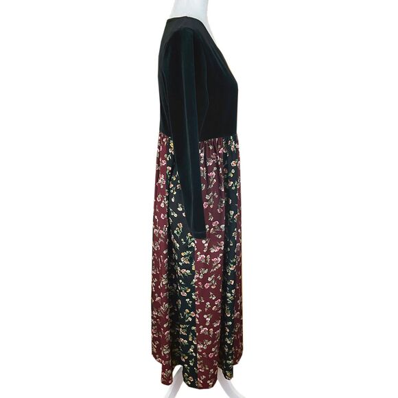 Vintage Smith & Hawken Maxi Dress Size S (READ) Black Burgundy Floral Velvet L/S - Picture 4 of 5